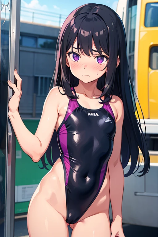 Elementary school girl, 8-year-old, Flat Chest, Black Hair, Long Hair, Purple eyes, Embarrassed expression （One person） Yellow competition swimsuit　girl&#39;S Room　Standing Dynamic Angle