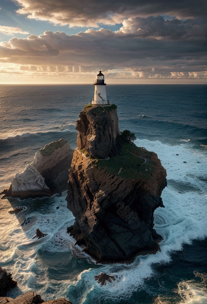 a mighty rock, god, safe haven, stormy sea, lighthouse, divine protection, dramatic lighting, cinematic, realistic, photorealistic, 8k, best quality, masterpiece, ultra-detailed, vivid colors, dramatic shadows, warm tones, powerful, awe-inspiring, majestic, serene, spiritual, emotional, inspirational