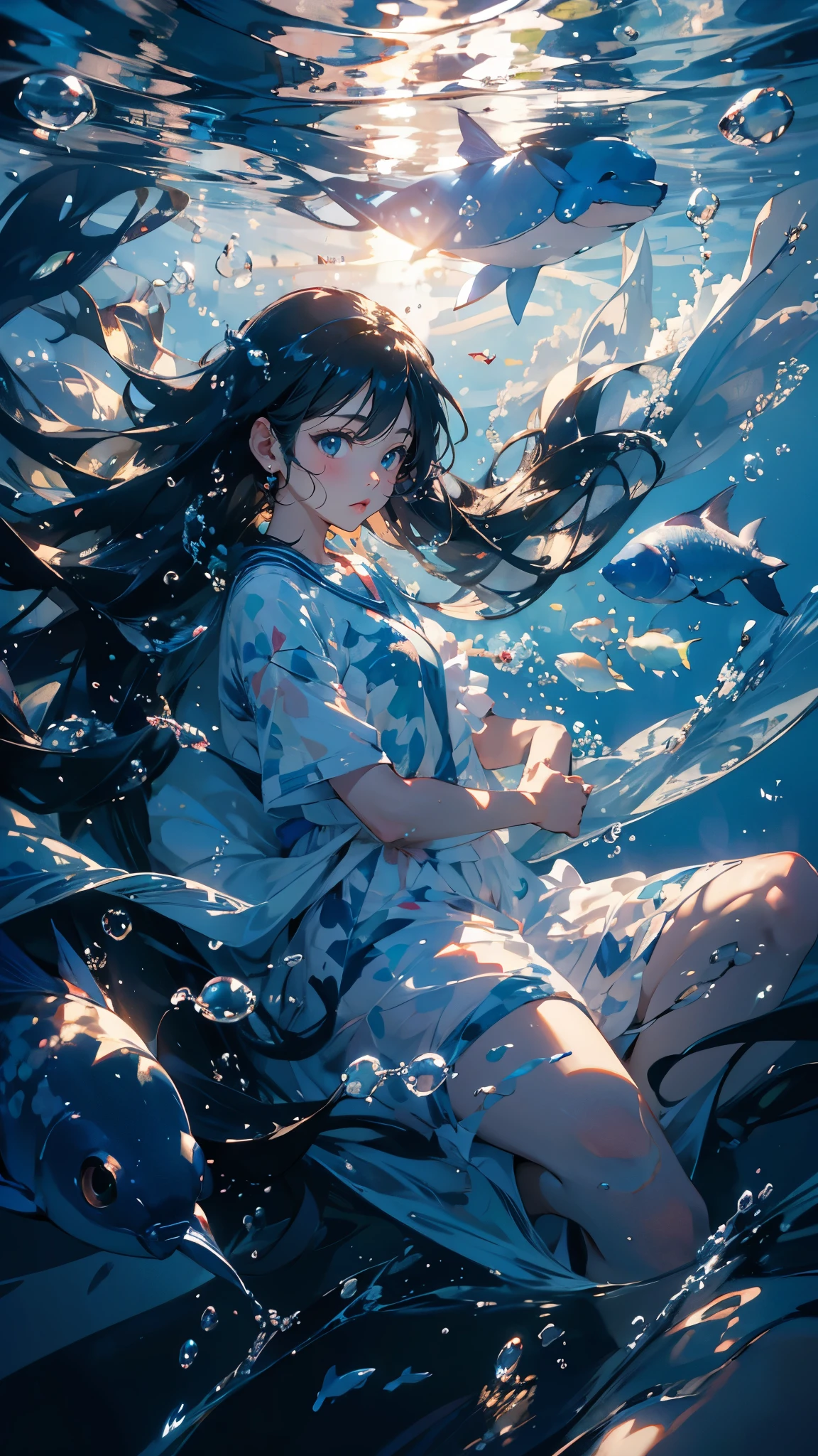 (masterpiece)、(Highest quality)、Very detailed、Perfect Face、(Solo upper body shot:1.3)、(In the water:1.4)、Ocean、Light、Bubble、from adove、Oceanの藻、(深Ocean:1.4)、School Swimsuit、Dynamic pose、Sitting with legs crossed、Ocean底、Floating objects、Black Hair、Long Hair、Swinging Hair