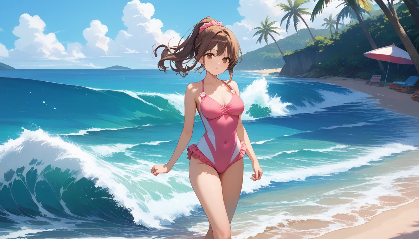 score_9, score_8_up, score_7_up, source_anime, masterpiece, best quality, very aesthetic, uncensored, 1 girl, cute face, beautiful detailed eyes, [round breasts, medium breasts], voluminous ponytail, pink scrunchie hair, brown hair, one-puece colorful swimsuit, walking, beach, sea waves, coconut tree