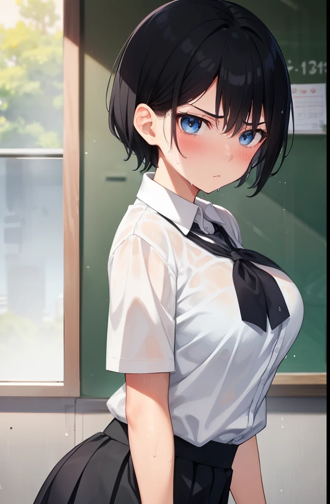 boyish,Very short hair,Black Hair,Large Breasts,Summer uniform,blush,Serious face,blue eyes,mini skirt,Sweaty,Wet,High school classroom,Cowboy Shot
