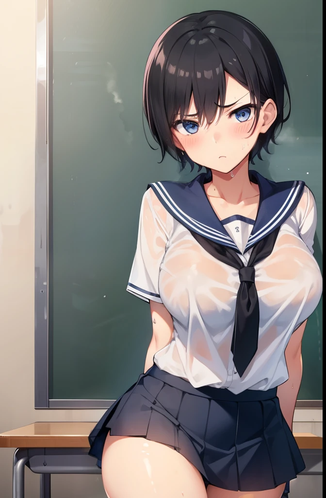 (((NSFW))), ((best quality)), ((masterpiece)), ((detailed)), (((perfect face))), (((slender 18yo teenage girl))), ((((medium breasts)))), ((((topless)))), ((((dark blue pleated skirt)))), ((dark brown hair)), ((short ponytail)), (((blue eyes))), ((shy:1.3)), ((blushing:1.5)), (((bare chest))), ((bare stomach)), ((bare shoulders)), (((bare arms))), ((((blackboard, windows)))), (((standing))), (((shy arms))), (((looking at viewer))), (((open front door))), ((((detailed background))))