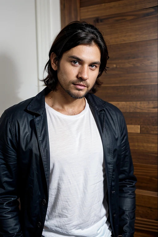 35 year-old Male, white male, tanned skin, handsome, black hair, and stubble beard, deep blue eyes, muscular body and thin, wearing a jacket and t-shirt and jeans, straight nose, oval face, canadian, his hair is below his ears, tousled messy hair badass