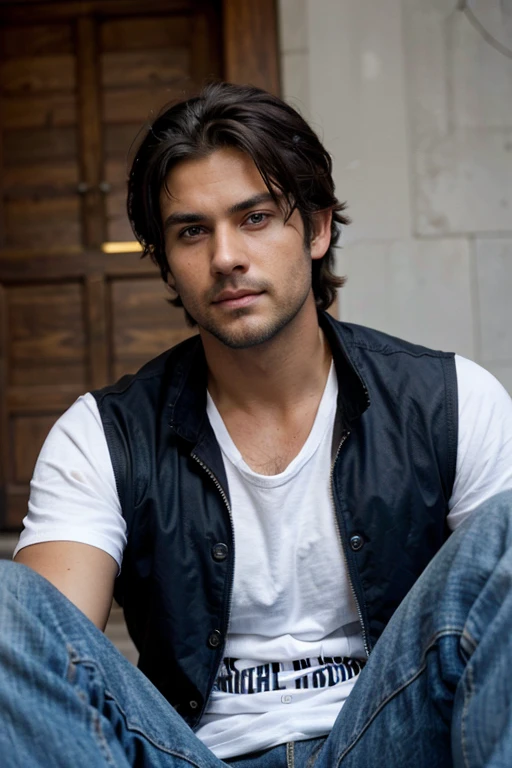 35 year-old Male, white male, tanned skin, handsome, black hair, and stubble beard, deep blue eyes, muscular body and thin, wearing a jacket and t-shirt and jeans, straight nose, oval face, canadian, his hair is below his ears, tousled messy hair badass