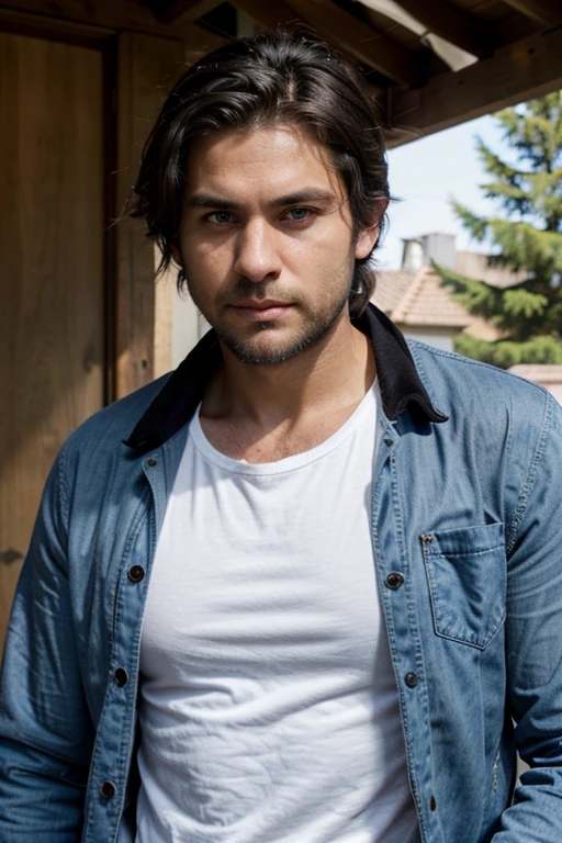 35 year-old Male, white male, tanned skin, handsome, black hair, and stubble beard, deep blue eyes, muscular body and thin, wearing a jacket and t-shirt and jeans, straight nose, oval face, canadian, his hair is below his ears, tousled messy hair badass