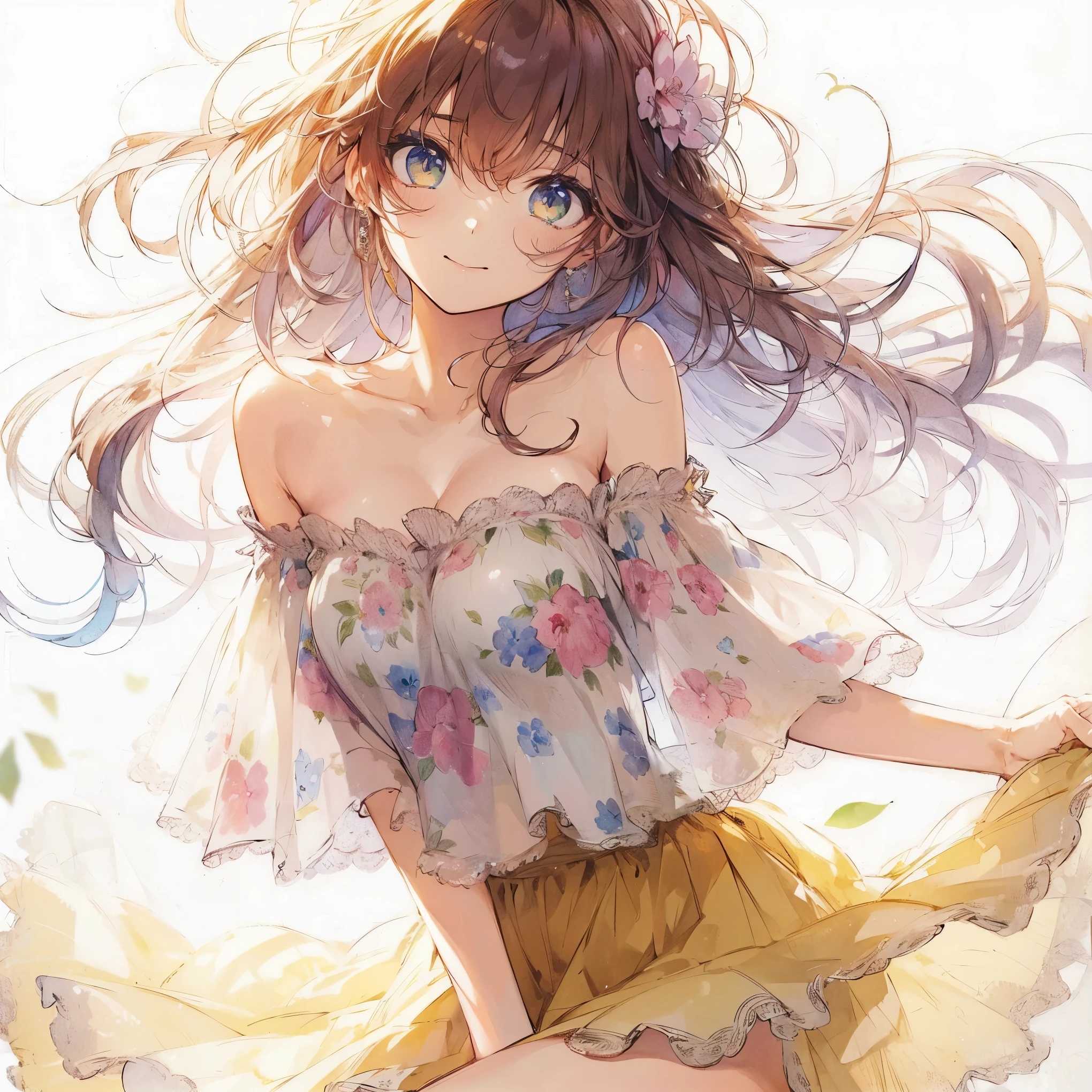 Official art using high-quality hand-drawn watercolor sketch techniques. (best quality,4k,8k,highres,masterpiece:1.2),ultra-detailed,beautiful detailed eyes,A girl with beautiful eyes, everyone, beautiful anime girl, cute anime girl, smooth anime art, anime style, elegant colors, soft lighting, delicate beautiful eyes, very coquettish, (beautiful large breast:1.2), (correct hands:1.2),