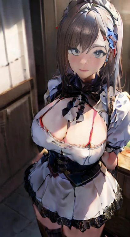 (Highest quality,8k,High resolution,unrealistic details:1.2),Hyper Photorealistic,Smiling girl,A naughty girl wearing a maid outfit,Silver lighting and lace miniskirt,Skirt rolled up,lace peeking panties,2D game art style,Missing details flicker,Detailed costume,Subtle Shadows