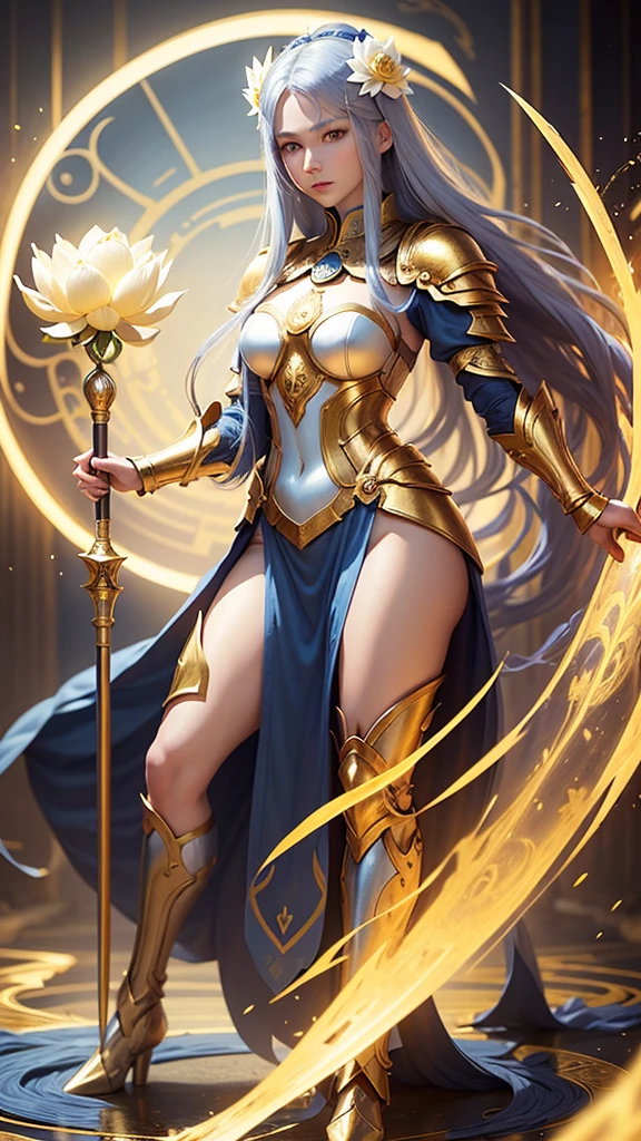 woman with white, oriental, long hair, blue locks, yellow eyes and another blue eye, fair skin, dressed in golden armor with a lotus flower, similar to the armor of Camus from Aquarius of the knights of the zodiac, with a staff, whose tip has a large golden Cylinder, floating on a golden lotus flower