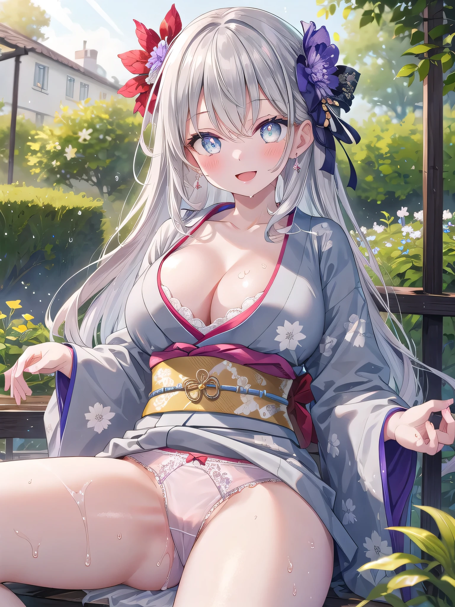 (8K, Highest Quality, Masterpiece:1.3)), Ultra HD, (1 girl, 1 person), (Color changing eyes, Ultra detailed, Expressive glow, Sparkling eyes), Highly detailed eyes, Highly detailed face, Random hair, (Silver gray color), Revealing, Split seat, Historical kimono, Lace, Brocade, Gold, Purple, Angle from below, (Cute panties:1.3), (Ecstatic expression:1.4), White skin, Seductive, Cleavage, Wet panties, Garden