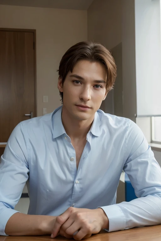 High quality, high definition, high resolution, 8k portrait, very detailed skin, 35 years old, boy, slender body, in hospital, refreshing type, beautiful face, blue contact lenses, wheat-colored skin, looking at camera, wear white suit with shirt, sitting behind the table, portrait
