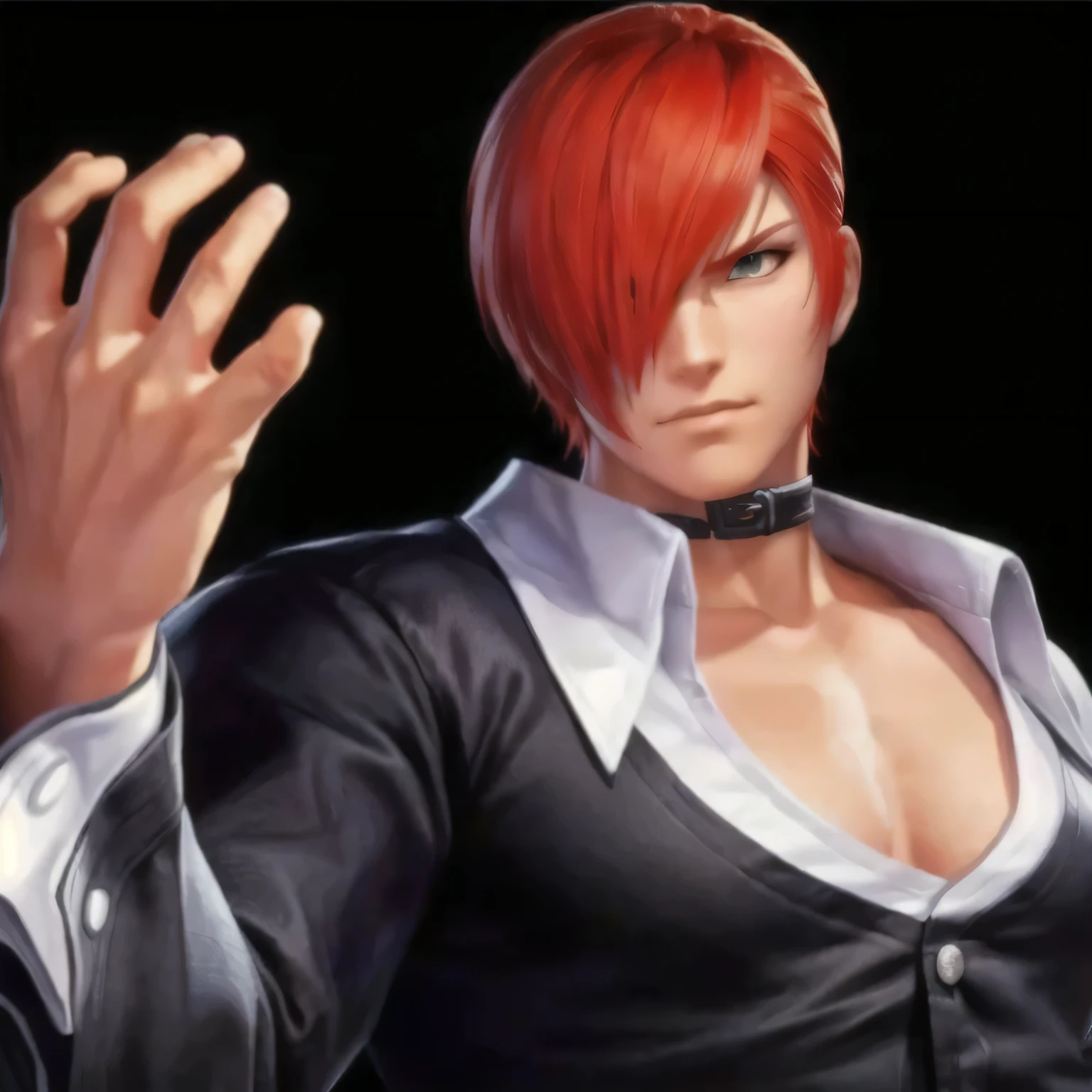 A red-haired woman in a black shirt raises her hands, Characters in The King of Fighters, King of Fighters Style, Fighting Games character, As a character in Tekken, Fighting Games, Snake, Fighting Stance, warrior pose, male Anime Characters, SFW version, Dead or Alive 6, Inspired by Volkan Baga, Anime Characters, Goro Fujita!