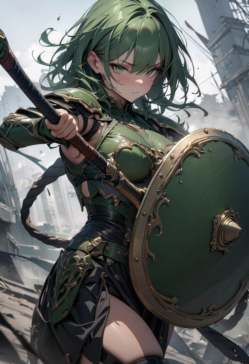 masterpiece, 8k, best quality, highly detailed, a human female wielding a shield and whip made of green metal