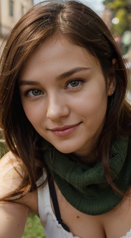 25 yo girl, dark chestnut hair, green eyes, pear build, smile, ultra-realistic skin, knee-high portrait, looking directly into the camera, sfw:2