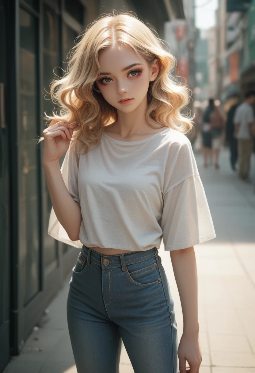 Kizi,short wavy blonde hair,Using makeup, wearing a long gray blouse and jeans 