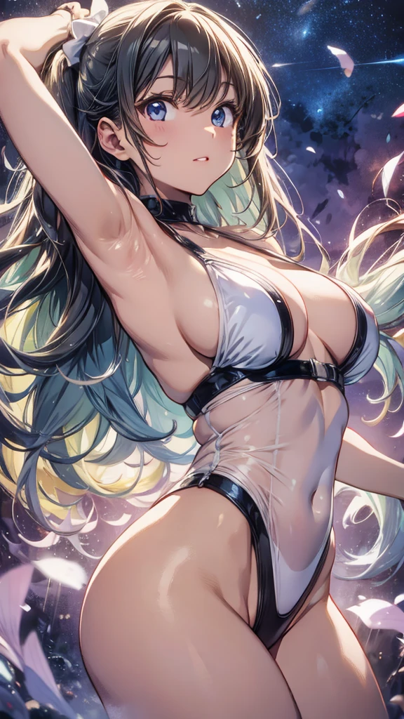 (universe space、Floating、Spread your arms and legs)、Highest quality、Masterpiece、(Mature Woman、Very large breasts、Glossy Lips、Glowing Skin、Realistic skin texture、Shiny skin、White very thin slingshot swimsuit)、Look at me、love me、blush、Laughing with your mouth open)、(Very close、Pussy Streaks)
