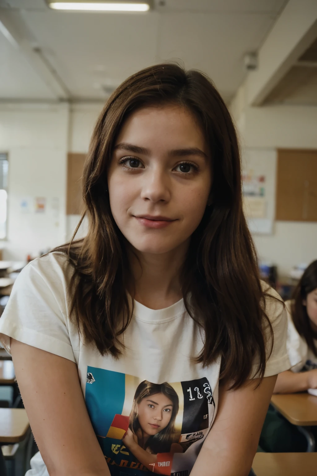 35mm, Fuji Superia 1600, ISO-3200, f/22, -2, 1/500, a portrait of (sks woman:1) wearing a t-shirt , in a classroom.