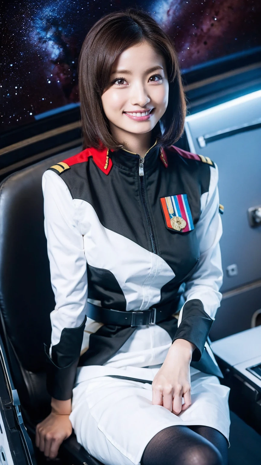 masterpiece, Highest quality, High resolution, Calm down 1, 1 girl, alone, (black_pantyhose:1.1), military uniform, military, cosmetics, White shirt,  White Skirt, Tight Skirt, Sitting, Upper Body, cockpit, space, smile