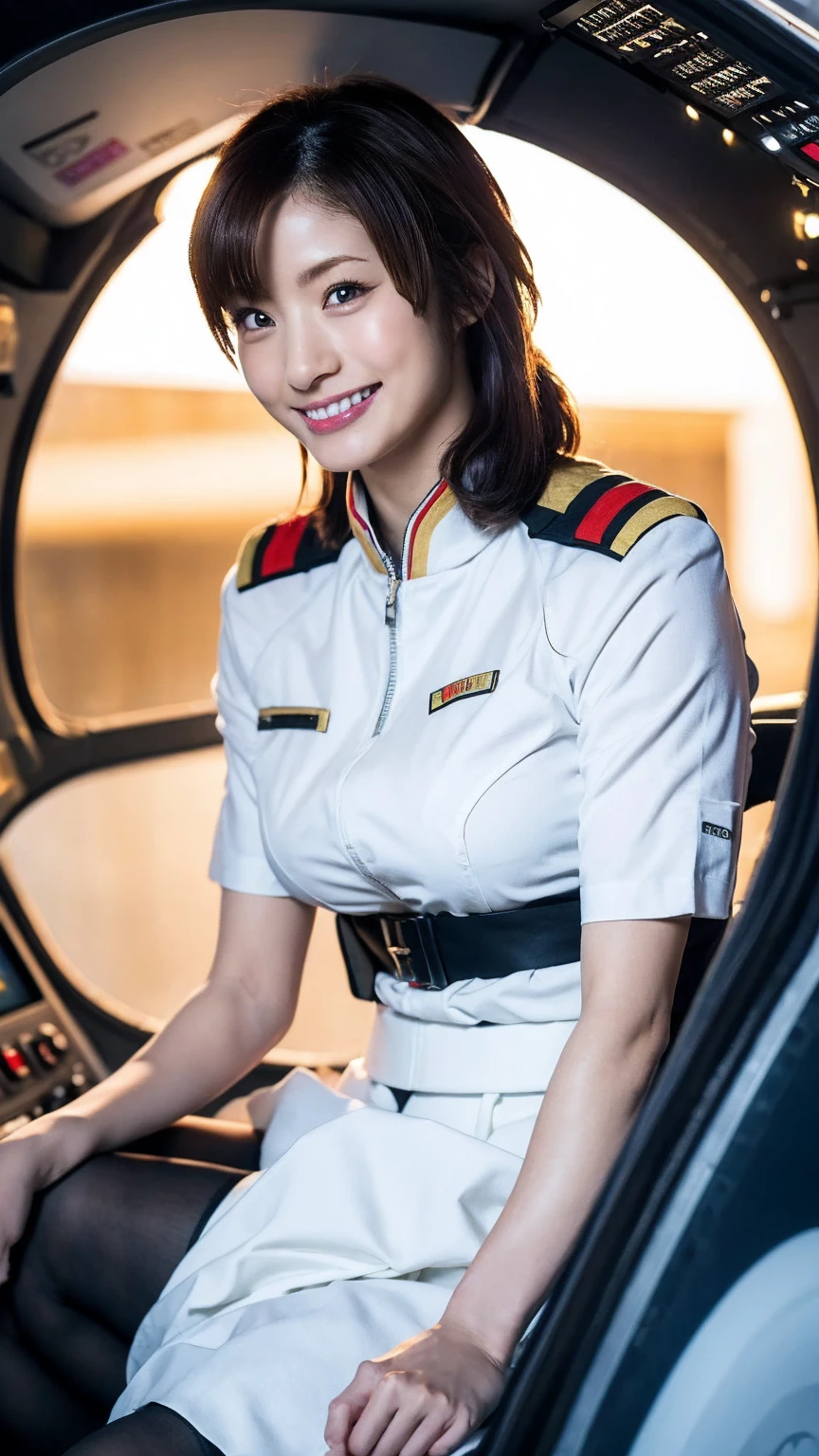 masterpiece, Highest quality, High resolution, Calm down 1, 1 girl, alone, (black_pantyhose:1.1), military uniform, military, cosmetics, White shirt,  White Skirt, Tight Skirt, Sitting, Upper Body, cockpit, space, smile