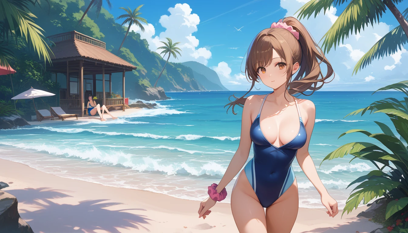 score_9, score_8_up, score_7_up, source_anime, masterpiece, best quality, very aesthetic, uncensored, 1 girl, cute face, beautiful detailed eyes, [round breasts, medium breasts], voluminous ponytail, pink scrunchie hair, brown hair, one-puece colorful swimsuit, walking, crowded beach, sea waves, coconut tree