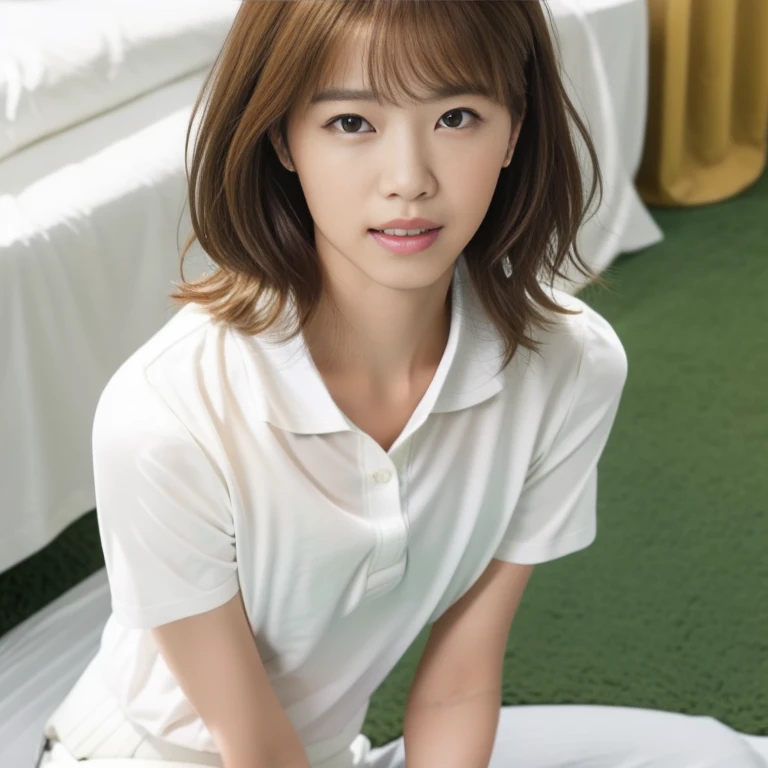 (Masterpiece, Best quality: 1.4), (Ultra realistic, Photo-realistic: 1.2), (From above: 1.3), From side, Full body, kneeling, Looking at viewer, Natural light, 30 years old actress, Japanese women, Neat and clean, ((Wearing white tennis uniform, White polo shirt with collar, Not buttoning the polo shirt, White pleated tennis skirt: 1.2)), (Short wavy hair), ponytail, Light brown hair color, (Beautiful Face), Oval face, clear, (Beautiful eyes, Kind eyes), (Clear skin), Small face, (Small mouth, Beautiful mouth), Natural makeup, Approachable, Hotel Suite rooms, On bed, Seductive smile, Seductive pose, Wearing white tennis shoes, White ankle socks, Beautiful thighs, Bedroom eyes,