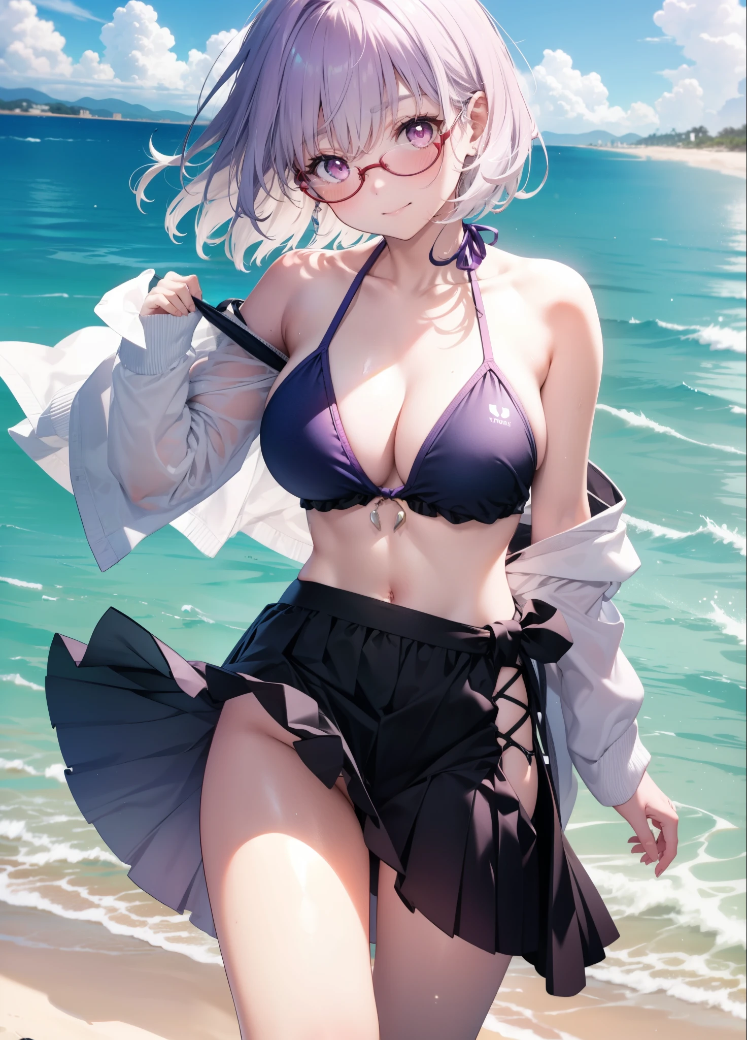 akaneshinjou, shinjou akane, Light purple hair, (Pink Eyes:1.2), smile,Red-rimmed glasses,Big Breasts, Purple string bikini swimsuit,Pareo Swimsuit,She has a thin, long skirt wrapped around her waist.,へそ出し whole bodyがイラストに入るように,Strolling on the sandy beach,
break outdoors, Beach,
break looking at viewer, whole body, (Cowboy Shot:1. 5),
break (masterpiece:1.2), Highest quality, High resolution, unity 8k wallpaper,, (shape:0.8), (Beautiful attention to detail:1.6), Highly detailed face, Perfect lighting, Highly detailed CG, (Perfect hands, Perfect Anatomy),