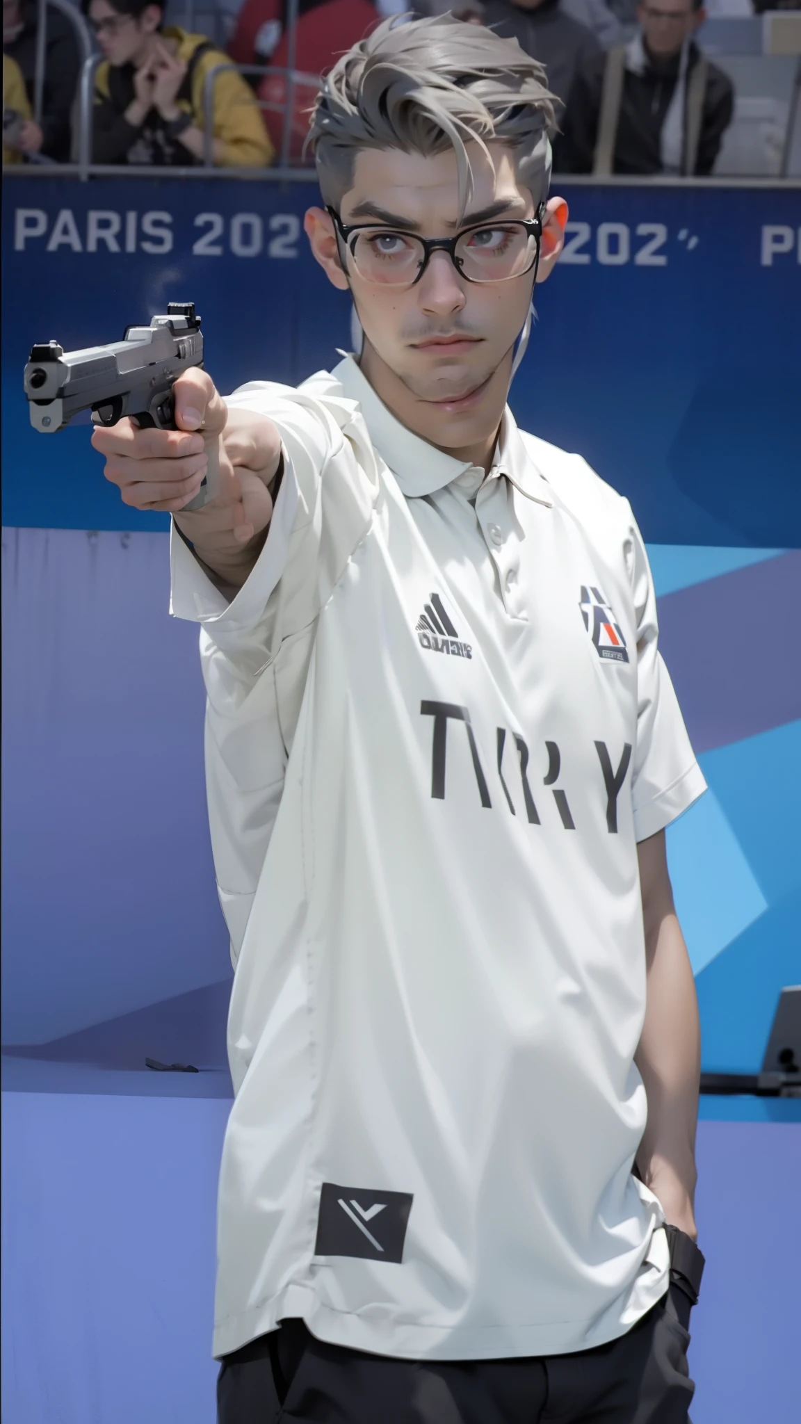 a highly detailed illustration of yusuf dikec, an olympic pistol shooter competing in the 2024 paris summer olympics, wearing a white shirt, holding a small pistol and pointing it towards the camera, standing with a serious expression, short grey hair, glasses, slim body, intricate details, hyperrealistic, octane render, cinematic lighting, dramatic angle, cinematic composition, rich colors, photorealistic, masterpiece