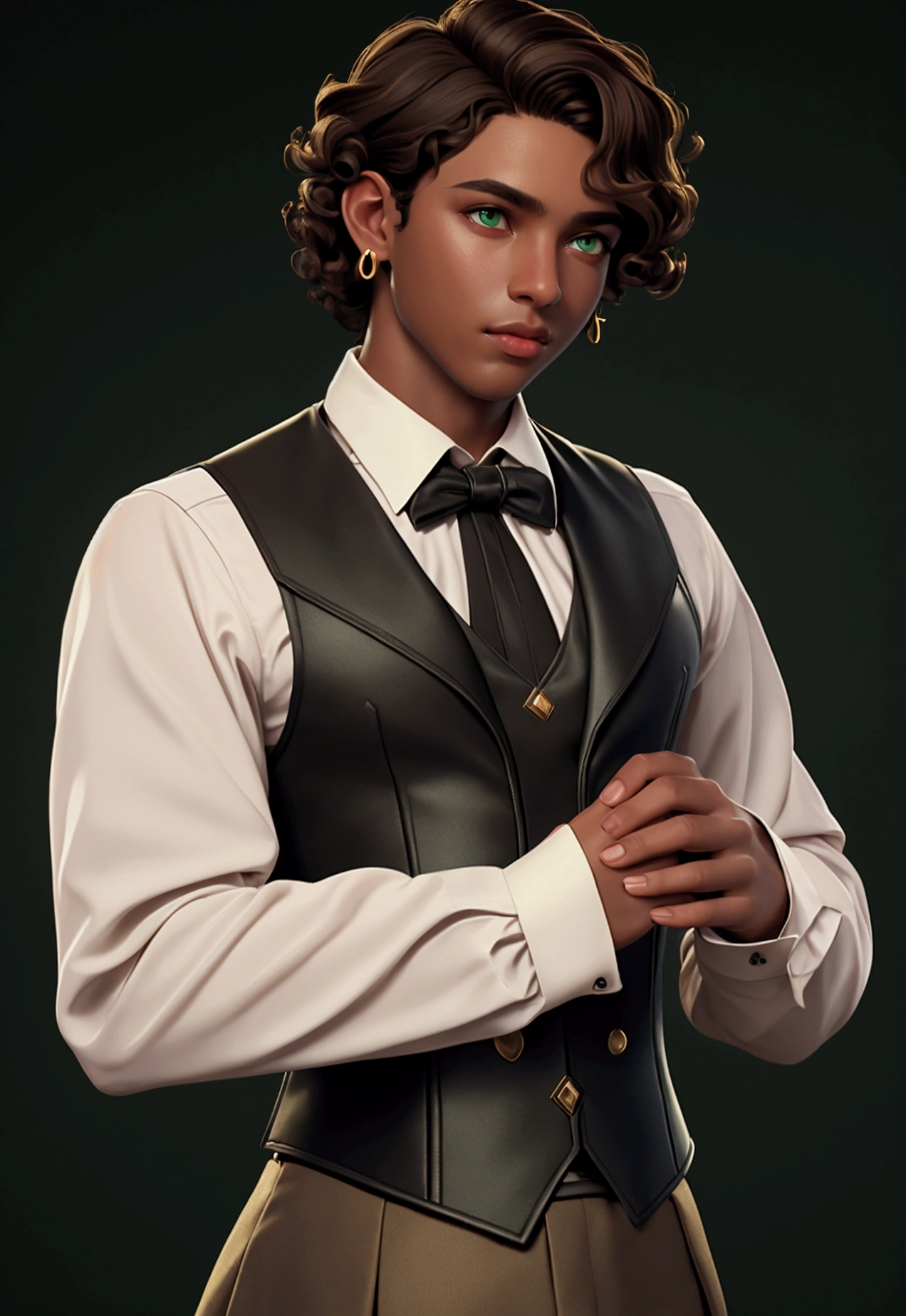 masterpiece, best quality, 1 boy, green eyes, dark skin, brown hair, short hair, curly hair, gold earrings, jewelry, white dress shirt, long sleeve, black corset, simple background, solo, upper body
