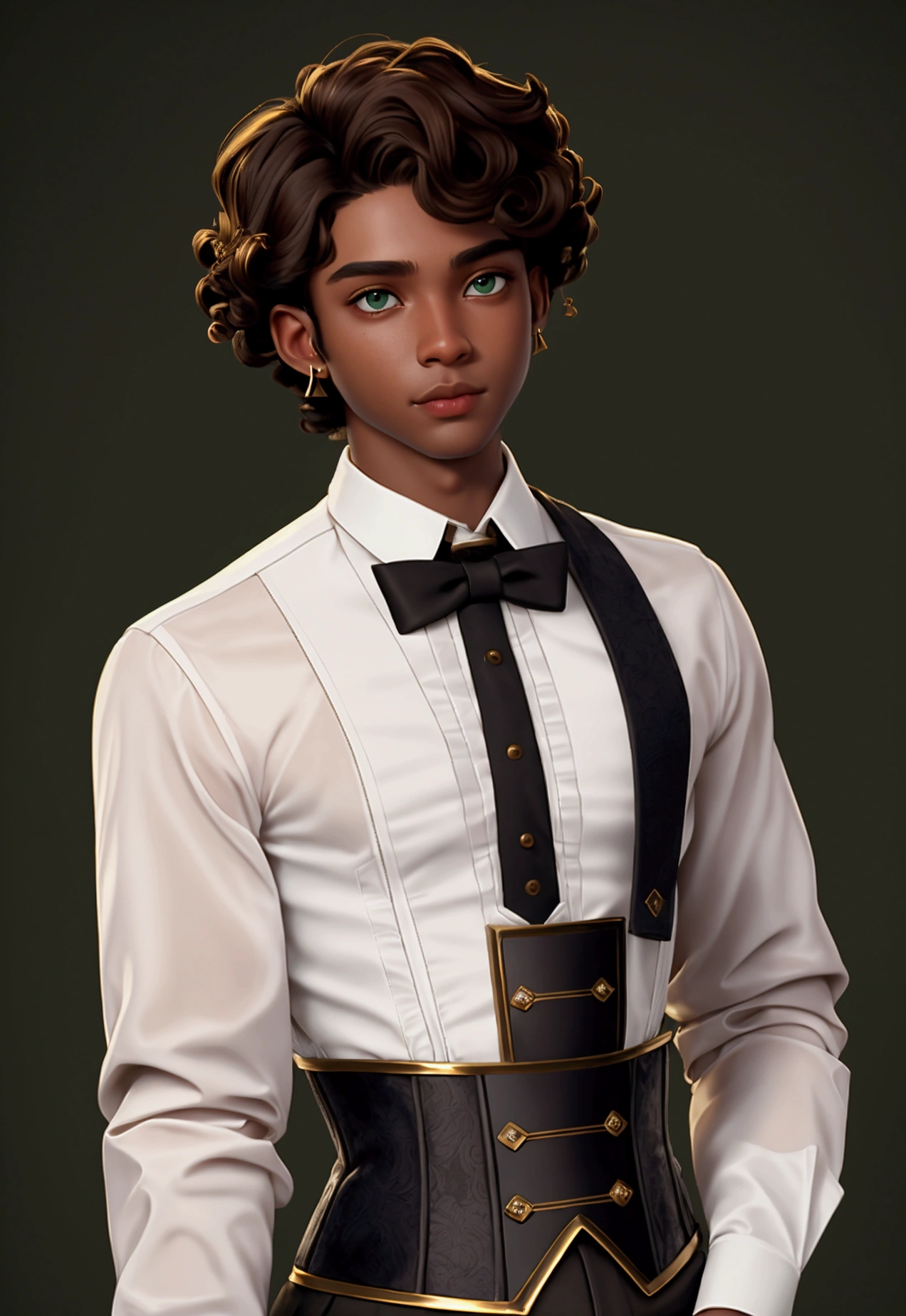 masterpiece, best quality, 1 boy, green eyes, dark skin, brown hair, short hair, curly hair, gold earrings, jewelry, white dress shirt, long sleeve, black corset, simple background, solo, upper body