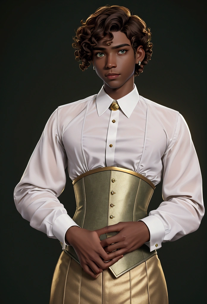 masterpiece, best quality, 1 boy, green eyes, dark skin, brown hair, short hair, curly hair, gold earrings, jewelry, white dress shirt, long sleeve, black corset, simple background, solo, upper body