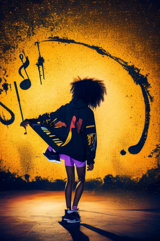a background completely filled with scattered musical notes in various sizes and colors, beautiful girl in colorful image, dance hiphop dance crew waacking dance, punking, black medium hair, five fingers, baggy clothes, (best quality,4k,8k,highres,masterpiece:1.2),ultra-detailed,(realistic,photorealistic,photo-realistic:1.37),vivid colors,studio lighting,professional、ワックダンス、