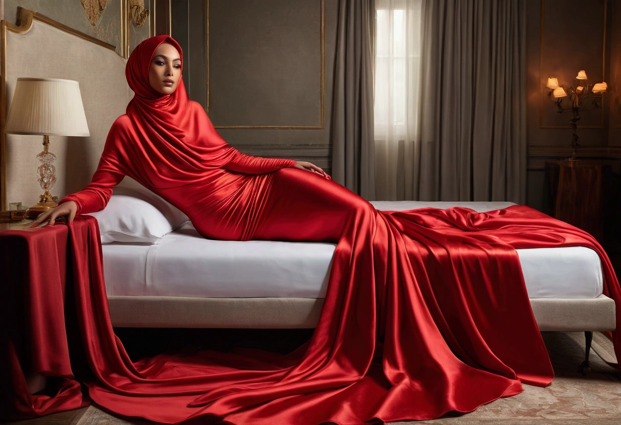 An alluring woman shrouded in a 4-meter-long, plush red satin cloth, half nude, tightly bound and grandly draping along the form of her body, flowing off into a pooled floor-length train, styled in a mermaid-inspired outfit, her head modestly veiled in a satin hijab, in a bed room, a full-body pose conveying a sense of mysterious elegance, captured in a 4k resolution, ultra-realistic