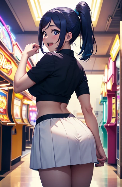 (Highest quality,4K,8k,High resolution,masterpiece:1.2), Cowboy Shot ,Very detailed, From behind, Recall,Matsuura Kanan, Blue Hair, ponytail , Moisturized Skin, Ahoge, smile, Cheerful pose, Open your mouth, Skinny tight skirt,Crop top ,Big Breasts, Are standing,Inside the arcade hall