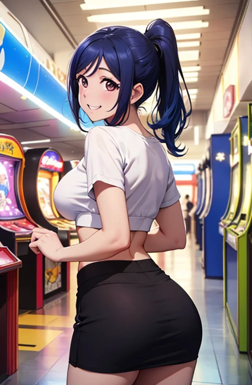 (Highest quality,4K,8k,High resolution,masterpiece:1.2), Cowboy Shot ,Very detailed, From behind, Recall,Matsuura Kanan, Blue Hair, ponytail , Moisturized Skin, Ahoge, smile, Cheerful pose, Open your mouth, Skinny tight skirt,Crop top ,Big Breasts, Are standing,Inside the arcade hall