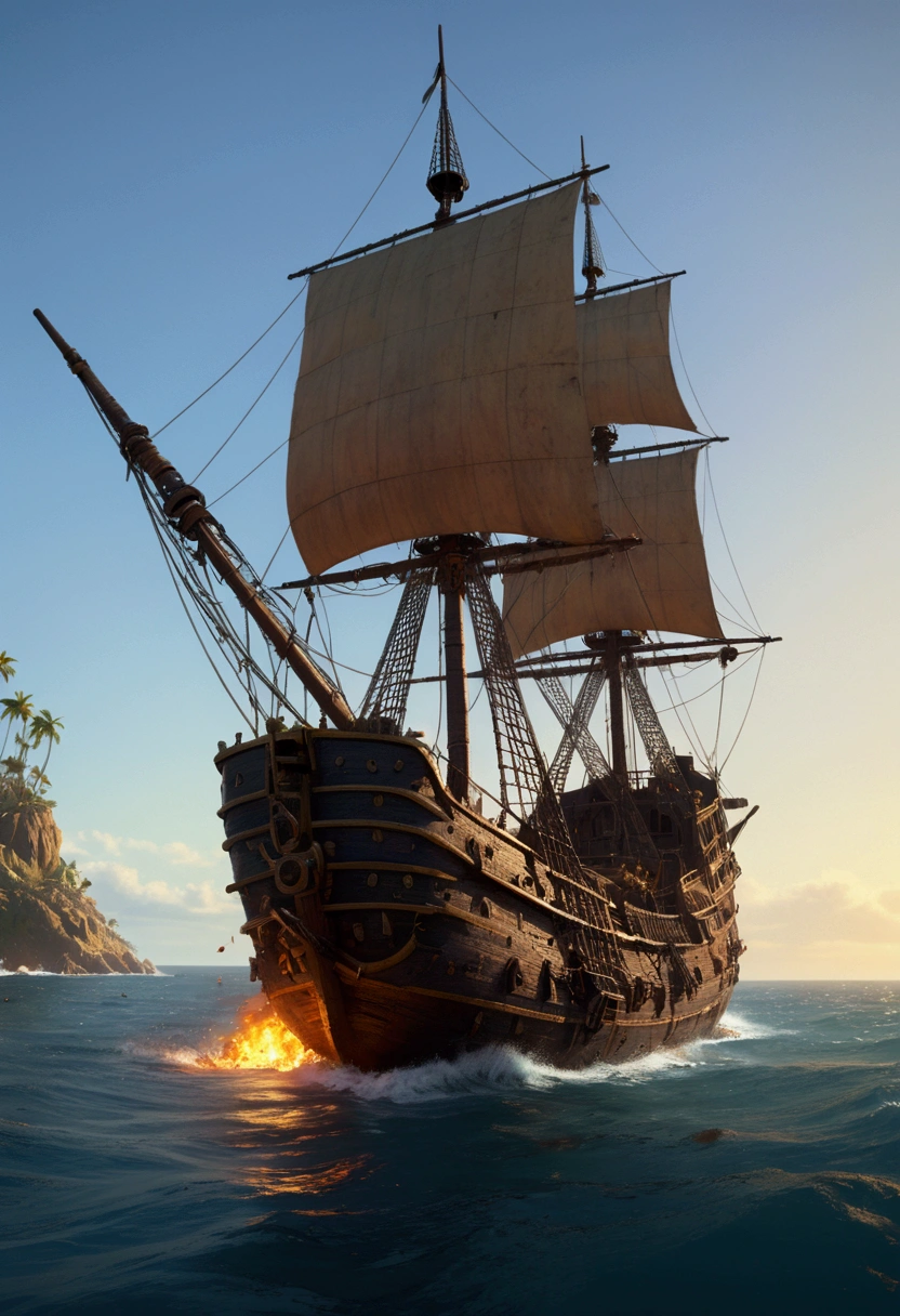 Pirate War, by Ismail Inceoglu, cinematic still, chiaroscuro, dynamic, (best quality, masterpiece, photorealistic), very aesthetic, perfect composition, intricate details, ultra-detailed, vivid colors