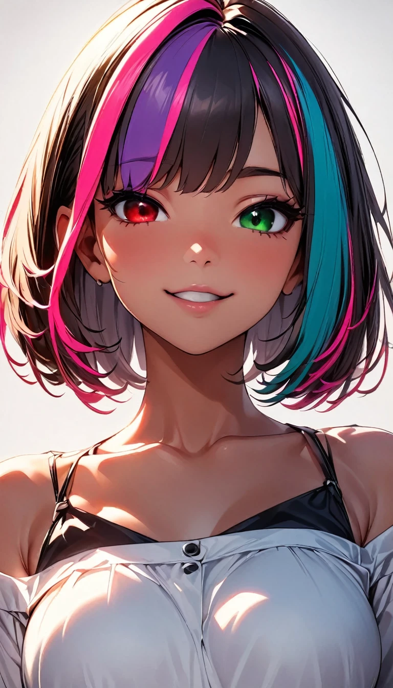 (highest quality:1.2, Very detailed, up to date, Vibrant, Ultra-high resolution, High Contrast, masterpiece:1.2, highest quality, Best aesthetics), Portraiture、girl、solo, (25-years-old:1), slim, heterrochromia, green eye, red eye, Bright colors、Beautiful fine details、Beautiful lip detail、extra short hair, ((bob cut:1.5))、pink and purple, ((streaked hair:1.9)), (highlights hair: 1.6), ( black Satin Camisole Set:1), (medium breast:0.7), (tan skin:0.5), (happy:1), standing, Front facing, (No background:1.4), ((Plain white background:1.3)), (full body), look at viewer