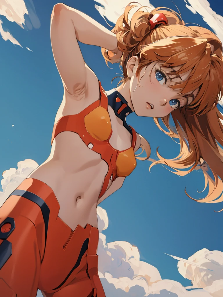 Soryu Asuka Langley, (masterpiece, Highest quality, detailed), One girl, alone, Put your arms behind your head, Cowboy Shot, Interface Headset, Red bodysuit, Simple Background.As if looking up from below,Show your armpits