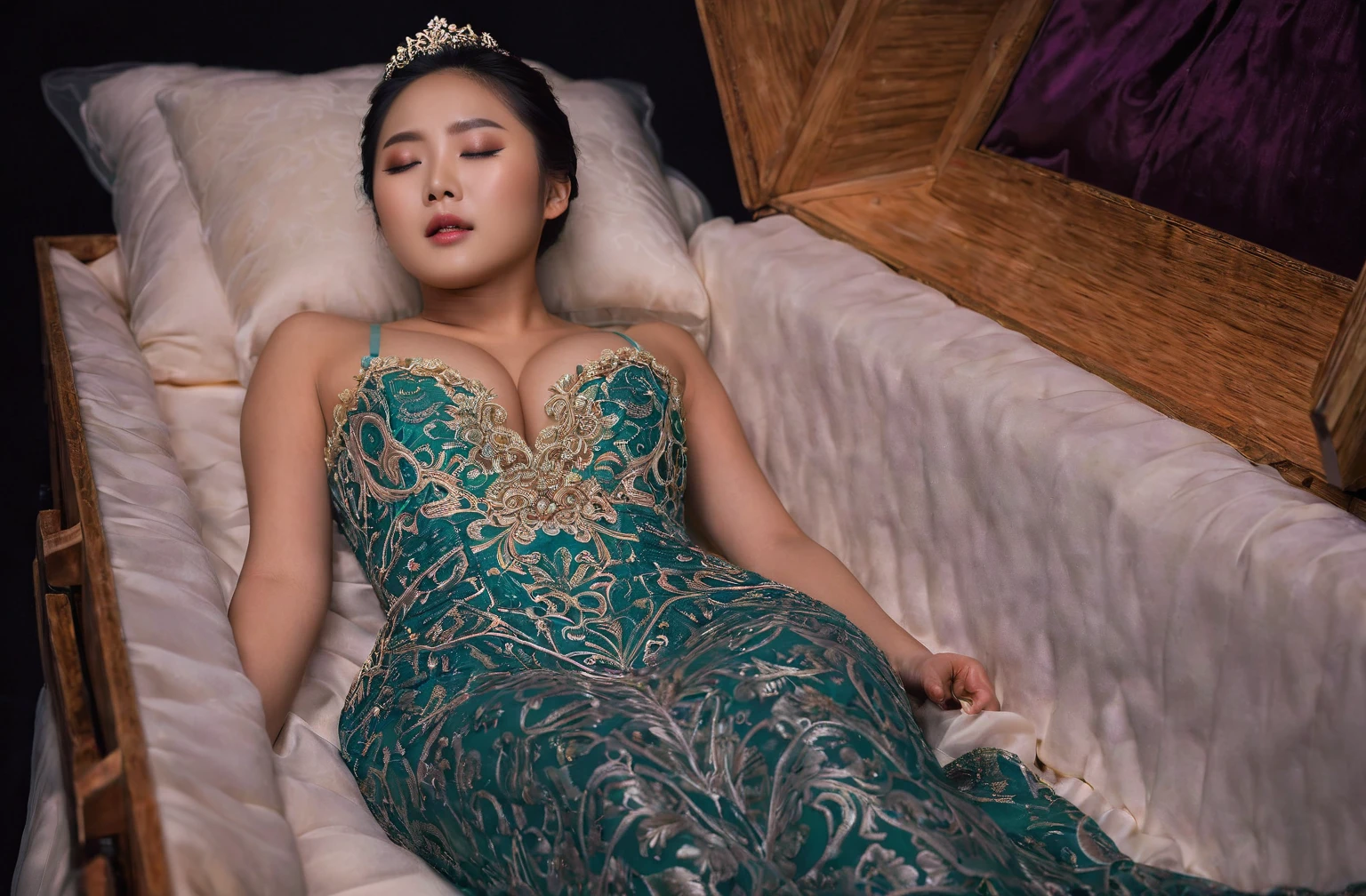 In a striking 8K HDR scene, a stunning Korean woman, 22 years old, lies peacefully in a coffin and coffin cover surrounded by plush pillows. The deep box is set against a rich black background, accentuating the beauty of the subject. Her exquisite deep-V neckline kebaya attire is embroidered with superb detail, showcasing her round and firm breasts, perfect cleavage, and beautiful eyebrows. Her closed eyes and mouth give an air of serenity, while her visible and absolute cleavage leave nothing to imagination. The scene is bathed in saturated colors, highlighting every intricate aspect from the ball skirt to her clean face, straight body, detailed hand perfect hands, straight body, own hands together, own hand on stomach, detailed hands, perfect hands.