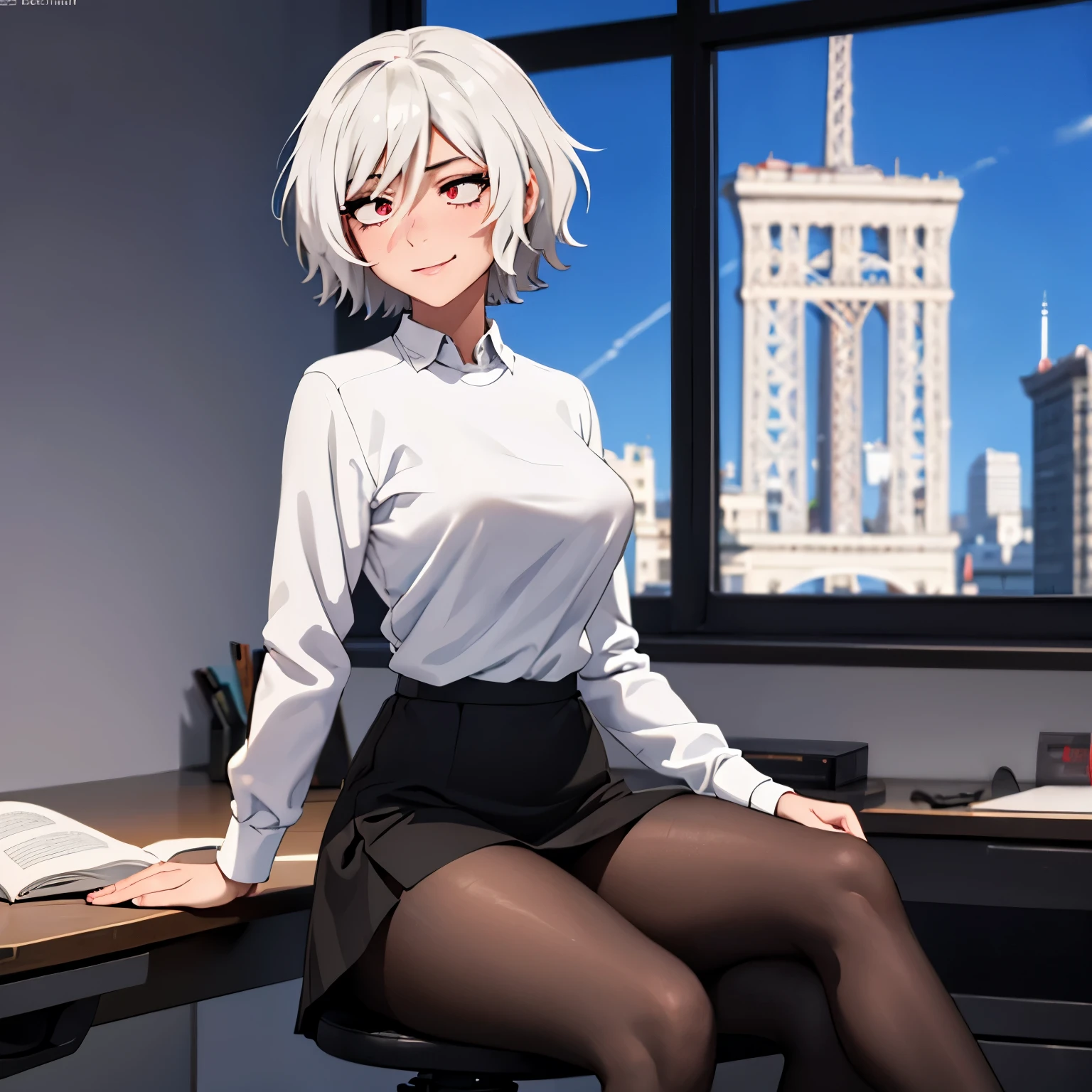 20 year old woman, short hair, White hair, big breasts, Red eyes. malicious smile, Whole body, black long sleeve t-shirt without logo, black skirt, black pantyhose, White skin, Whole body, Erotic, sitting in an office, crossed legs, Paris and the Eiffel Tower in the background, face with blush,