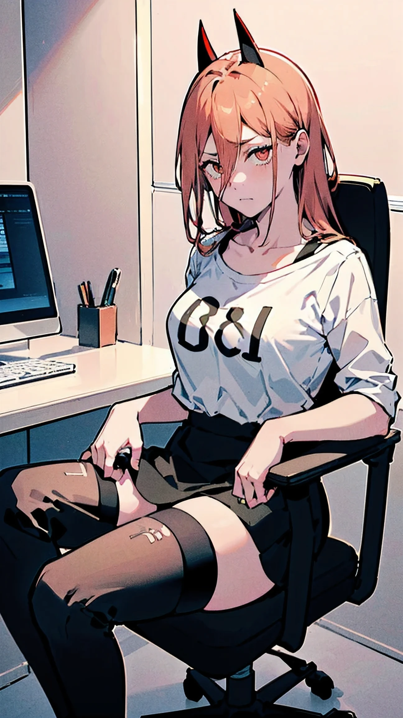 ((１Woman)),(secretary outfit, social shirt, Black Skirt, using the eyes of k:1.5、white thigh highs:1.5、Absolute Area、apron、empty background, black corner)), ((sitting on an office chair))((sitting on an office chair)) work of art, black corner, ((black corner)), whole body, (work of art, highest quallity, 8k, 1 person, A perfectly balanced body, offcial art、highest quallity、 8k wallpaper、32 mil、work of art、ultra detali、high resolution、realisitic、fotorrealisitic:1.2), , clavicle:1.2,
