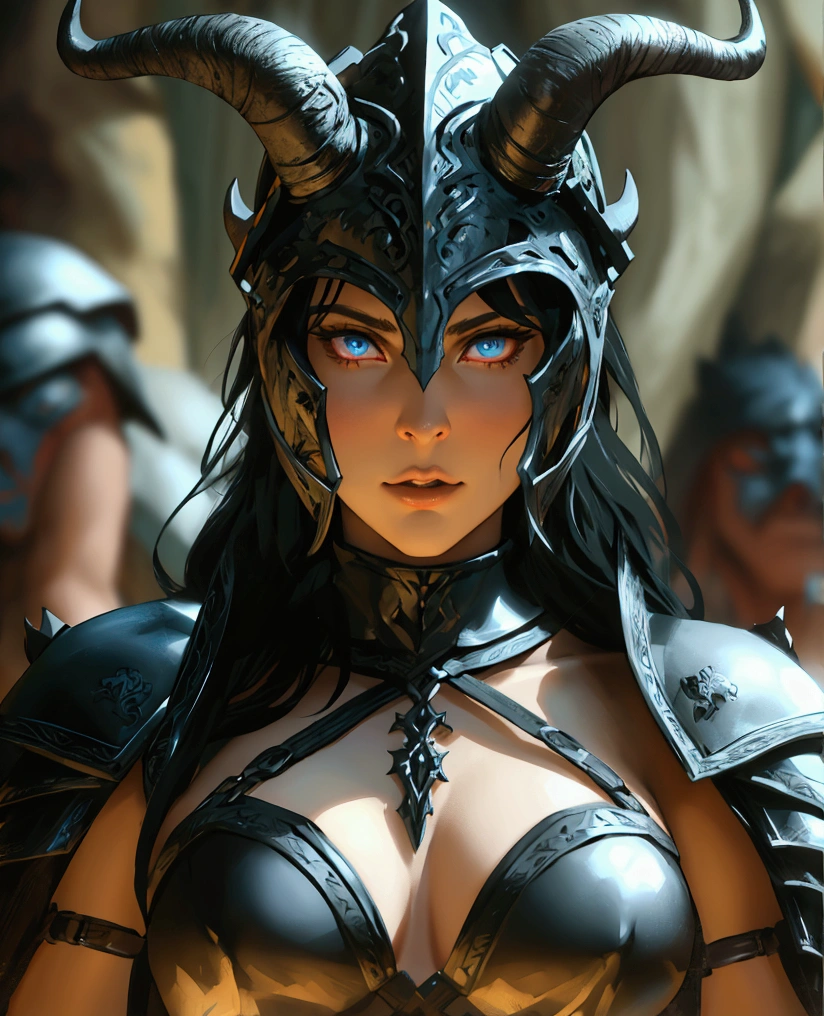 A woman from the Hyborian Age, strong and beautiful warrior, Caucasian skin,black metal armor on the legs, and I don't wear a low-cut top, black metal helmet with black horns, A screen , Action scene,fighting a 10-foot black ogre with glowing red eyes, fully body, battle pose, seen by third parties. woman with huge breasts, blue colored eyes, Caucasian skin, black hair , Waist slender