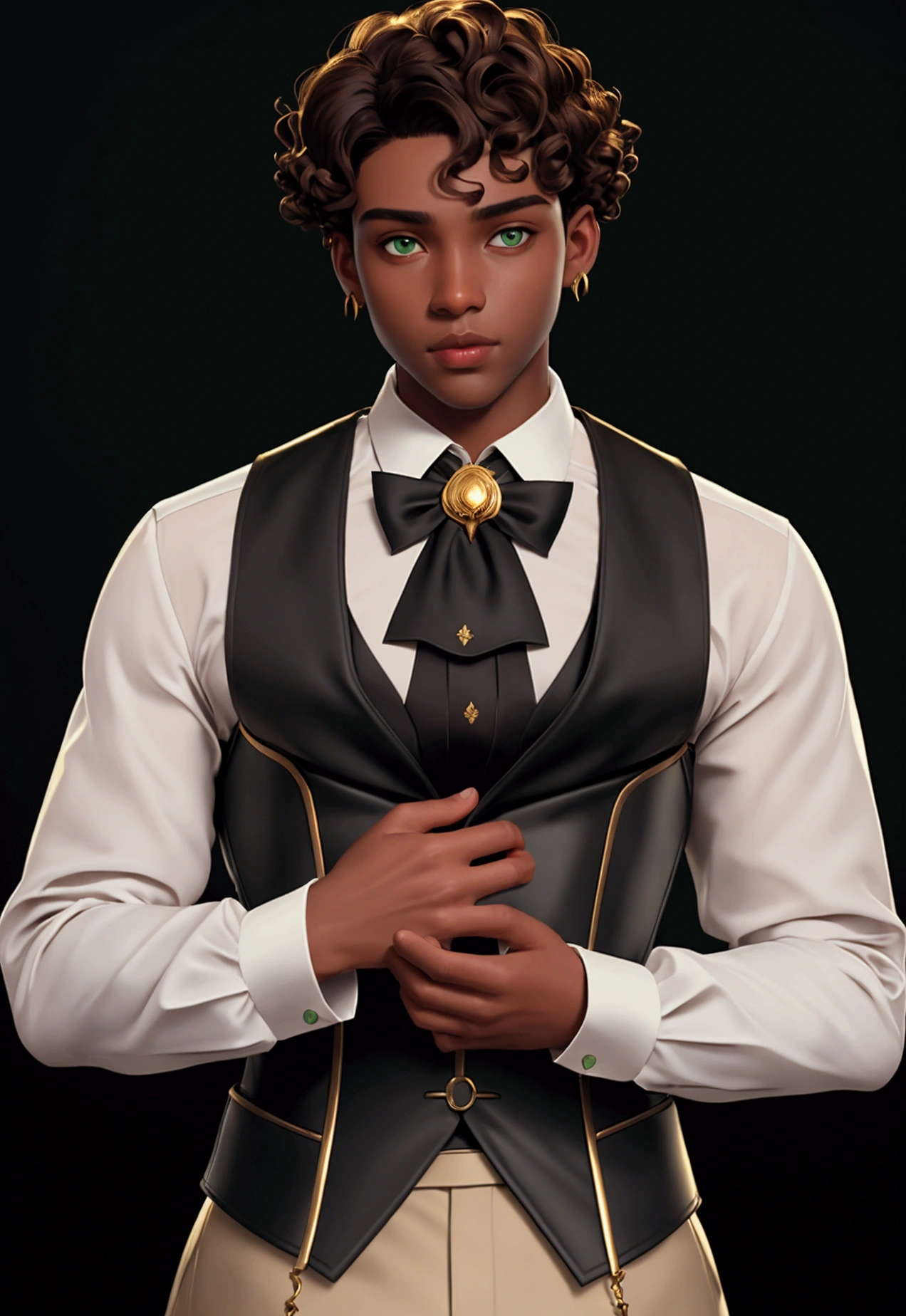 masterpiece, best quality, 1 boy, green eyes, dark skin, brown hair, short hair, curly hair, gold earrings, jewelry, white dress shirt, long sleeve, black corset, simple background, solo, upper body