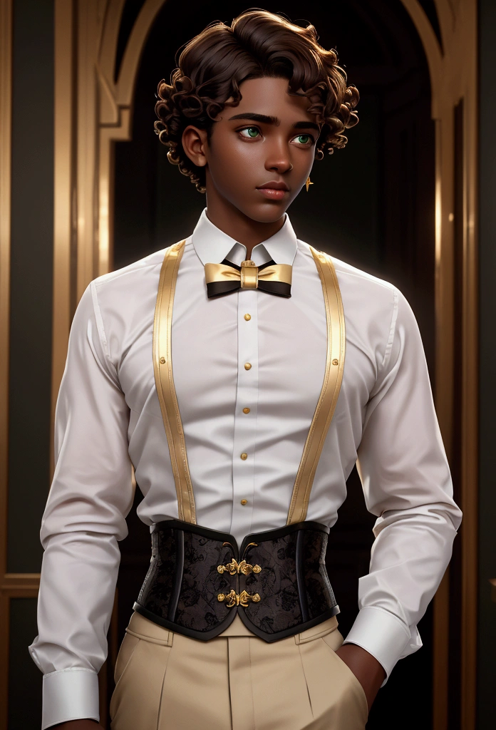 masterpiece, best quality, 1 boy, green eyes, dark skin, brown hair, short hair, curly hair, gold earrings, jewelry, white dress shirt, long sleeve, black corset, simple background, solo, upper body