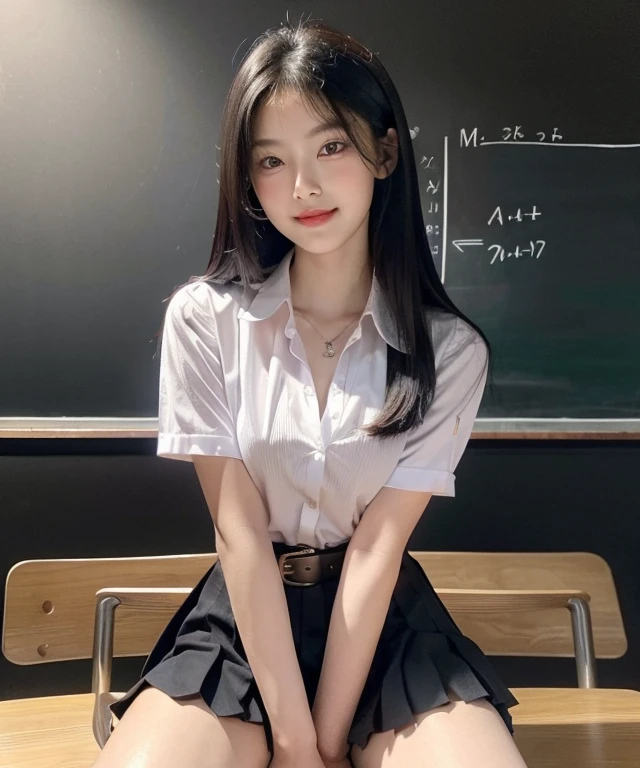 ((Eye Level Angle, Full Body Shot))
Best Quality, 4K, 8K, Masterpiece:1.2, Very detailed, Realistic:1.37, Portrait,
1 Girl, (Thai 22 yo:1.5), ((cute face:1.7), (perfect girl face:1.2)), (beautiful detailed eyes, perceptive eyes, brown eyes :1.2, Looking straight at the Viewer), (Beautifully detailed lips, Brightly smile), (detailed skin:0.9), (perfect texture long black hair :1.4), Thin, Pure and Simple, Calm expression, (Natural makeup:1.2),
(Perfect Slender Body of a Young Girl), ((A-cup bust (A30/70) )), ((Flat Chest)), ((Small Breasts)), (Wild Hip:0.7), (Perfect Smooth Thighs), (Perfect Texture Long Black Hair :1.4), Thin, Pure and Simple, Relaxed Posture, Natural Expression,
1 students, She wore Thai shool uniforms, ((white short-sleeved shirt, slim, collared shirt, Button up, Exposed Cleavage)), the school logo on the chest, Left side of shirt, Navy blue Pleated skirt, with women's belt,
She was sitting on the desk alone in the classroom.
A blackboard with chalk written on mathematical formulas could be seen behind her.