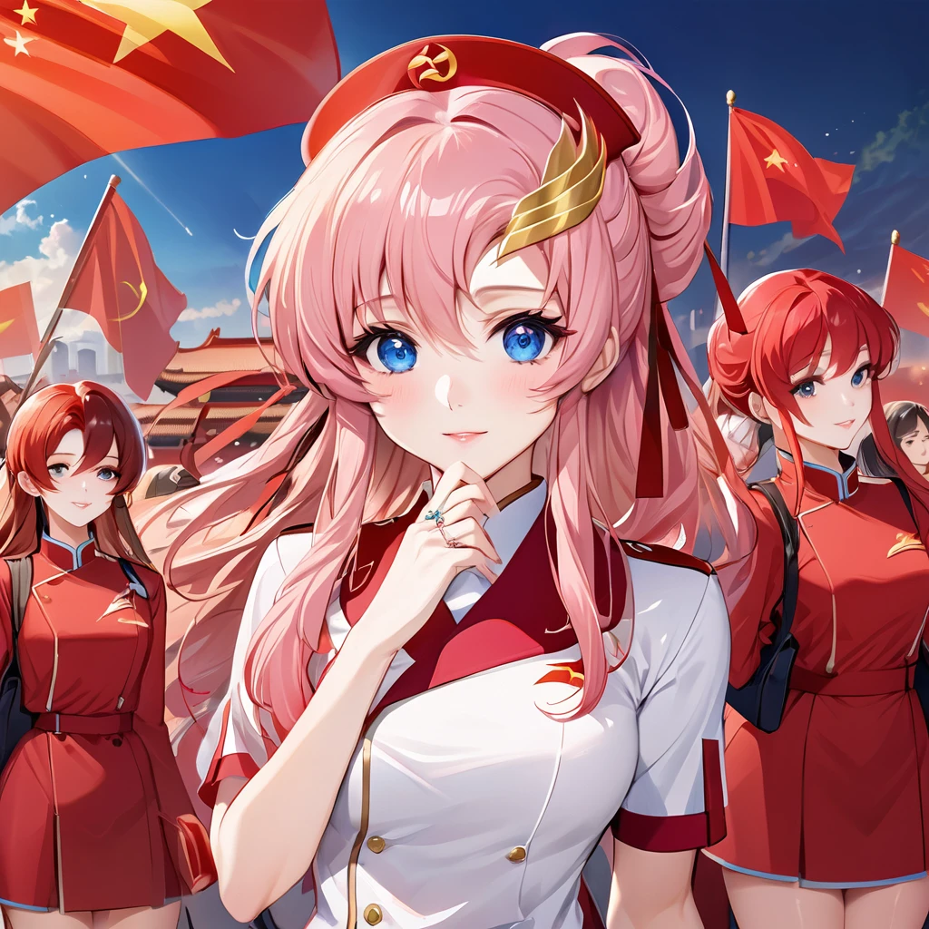 ((Highest quality)), ((masterpiece)), (detailed), （Perfect Face）、The woman is a Chinese Lacus Clyne, a Chinese woman with blue eyes and medium-long pink hair who is wearing an engagement ring. She has become a member of the glorious Chinese Communist Party and swears absolute loyalty to the Chinese Communist Party. She is a righteous Communist Party member of China.、The woman is wearing the fine uniform of a Chinese Communist Party member.、For the sake of China, their hairstyles, clothes, and everything they wear are all Chinese Communist Party items, and their thoughts are also Chinese, becoming great Chinese in body and mind.、The woman became Lacus Clyne, a Chinese woman who was proud of and loved China.、She is serving China as a member of the great Communist Party of China.、The woman is a beautiful, respectable and exemplary Communist Party member.