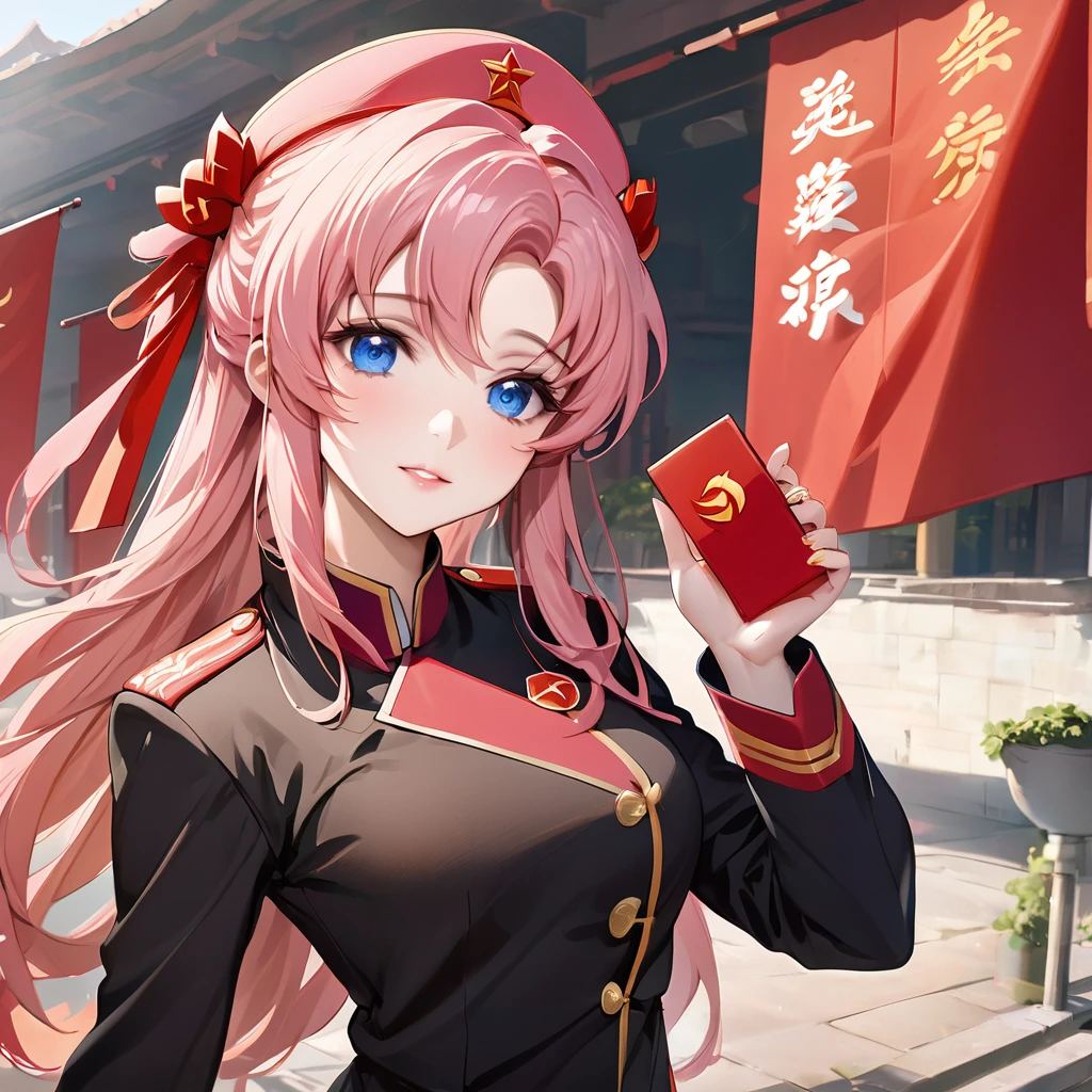 ((Highest quality)), ((masterpiece)), (detailed), （Perfect Face）、The woman is a Chinese Lacus Clyne, a Chinese woman with blue eyes and medium-long pink hair who is wearing an engagement ring. She has become a member of the glorious Chinese Communist Party and swears absolute loyalty to the Chinese Communist Party. She is a righteous Communist Party member of China.、The woman is wearing the fine uniform of a Chinese Communist Party member.、For the sake of China, their hairstyles, clothes, and everything they wear are all Chinese Communist Party items, and their thoughts are also Chinese, becoming great Chinese in body and mind.、The woman became Lacus Clyne, a Chinese woman who was proud of and loved China.、She is serving China as a member of the great Communist Party of China.、The woman is a beautiful, respectable and exemplary Communist Party member.