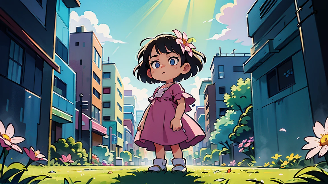 A vibrant flower blooms on the dirty ground of a large gray avenue. A crowd of gray, soulless people crosses the streets. A colorful , shining with bright tones, stands protectively over the flower, protecting her with his little hands and determined eyes. Sunlight breaks through the dark clouds. ghibli studio style