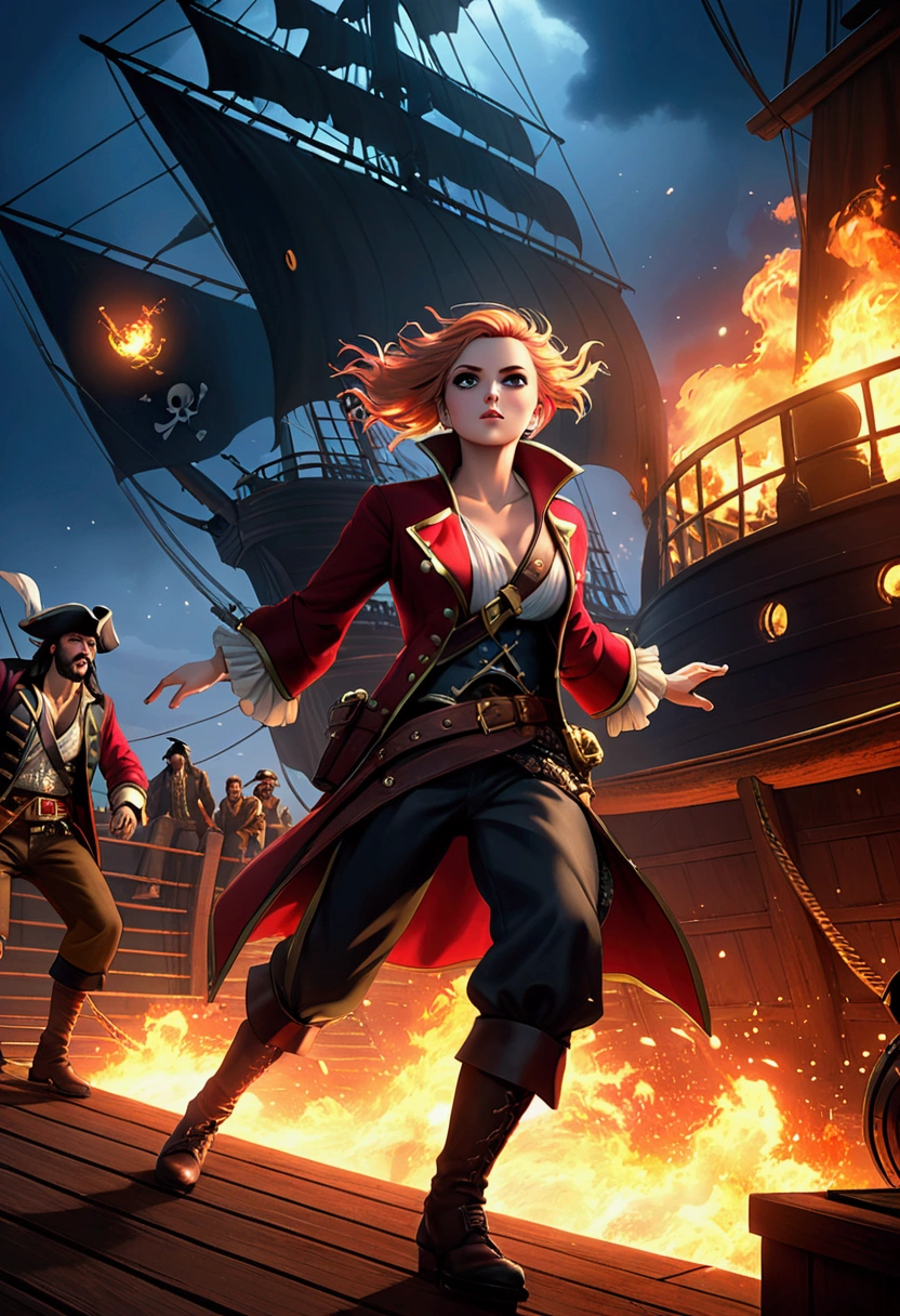 (Pirate War), Pirates boarding enemy ship and robbery, fire, captivating chiaroscuro, dynamic movement, astropunk, full body, (special effects:0.1), award-winning, cinematic still, emotional, vignette, dynamic, vivid, (masterpiece, best quality, photorealistic, Professional, perfect composition, very aesthetic, absurdres, ultra-detailed, intricate details:1.3)