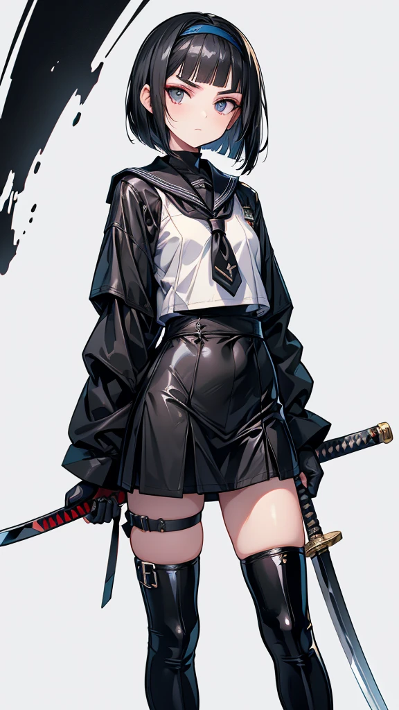 mature　Bobcut　Black Hair　expensive　Narrow eyes　Glaring at me　Glare　frivolous attitude　Black Sailor Suit　Armor　Wear a headband around your forehead　tiny hand　Hand guard　gloves　Black boots　Holding a Japanese sword　battlefield