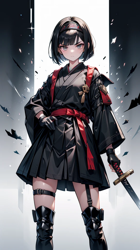 mature　Bobcut　Black Hair　expensive　Narrow eyes　Glaring at me　Glare　frivolous attitude　Black Sailor Suit　Armor　Wear a headband around your forehead　tiny hand　Hand guard　gloves　Black boots　Holding a Japanese sword　battlefield