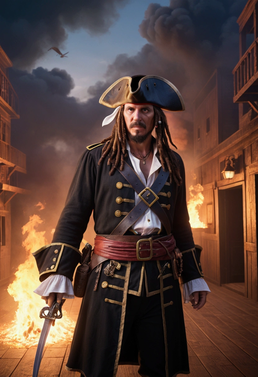 Pirate War, robbery, fire, by Boris Groh, cinematic still, chiaroscuro, dynamic, (best quality, masterpiece, photorealistic), very aesthetic, perfect composition, intricate details, ultra-detailed, vivid colors